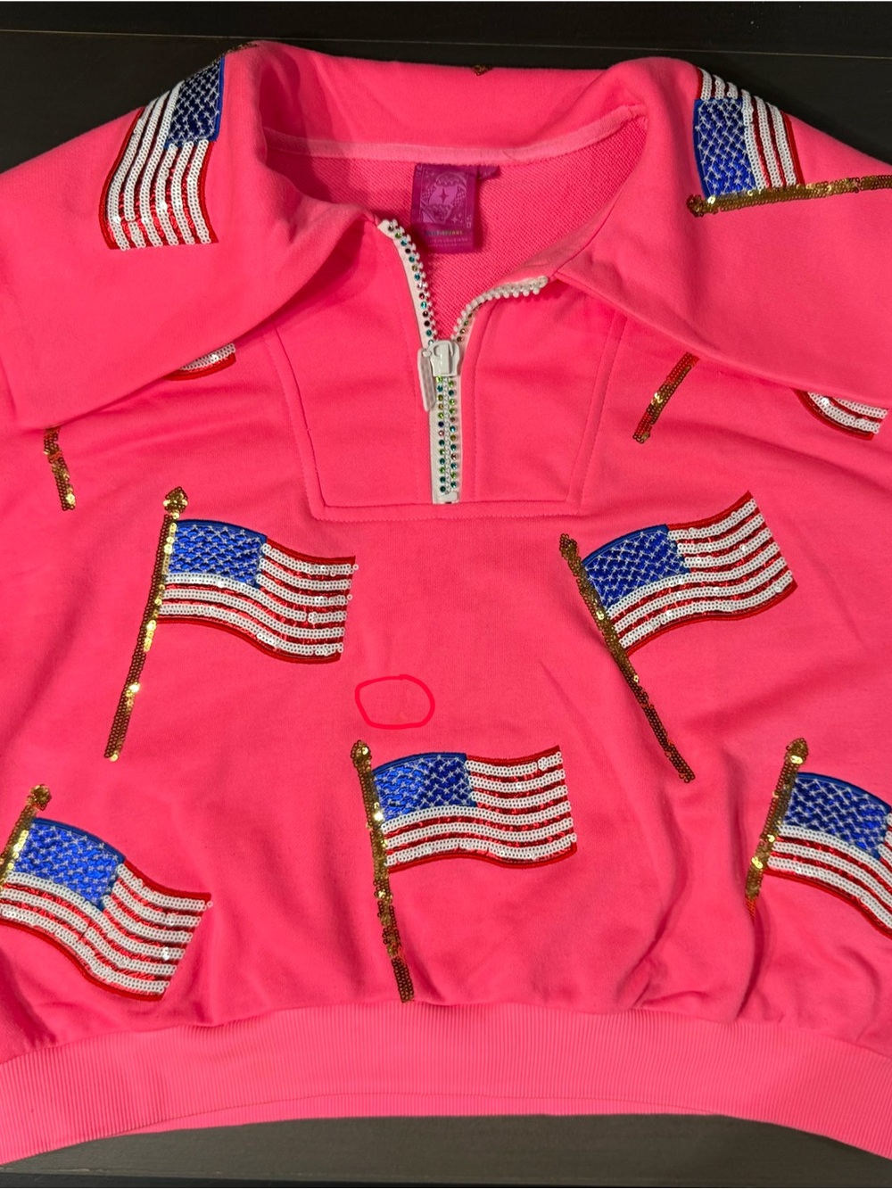 Queen of Sparkles Hot Pink Sequin American Flag Quarter-Zip Cropped Pullover